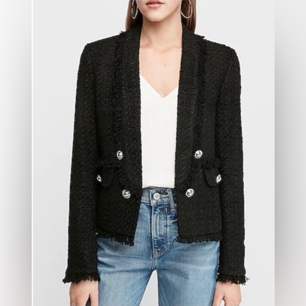 Express Black Tweed Fringe Blazer
